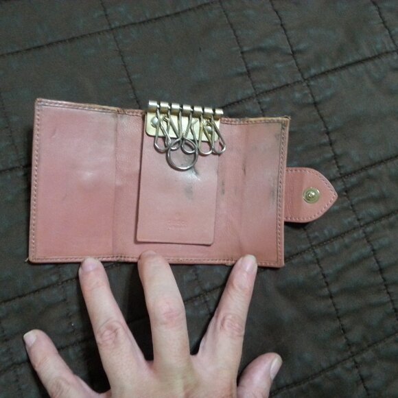 Vintage Gucci Key Holder Gold Heart Monogram Canvas Denim Tan Pink Snap - Picture 3 of 15